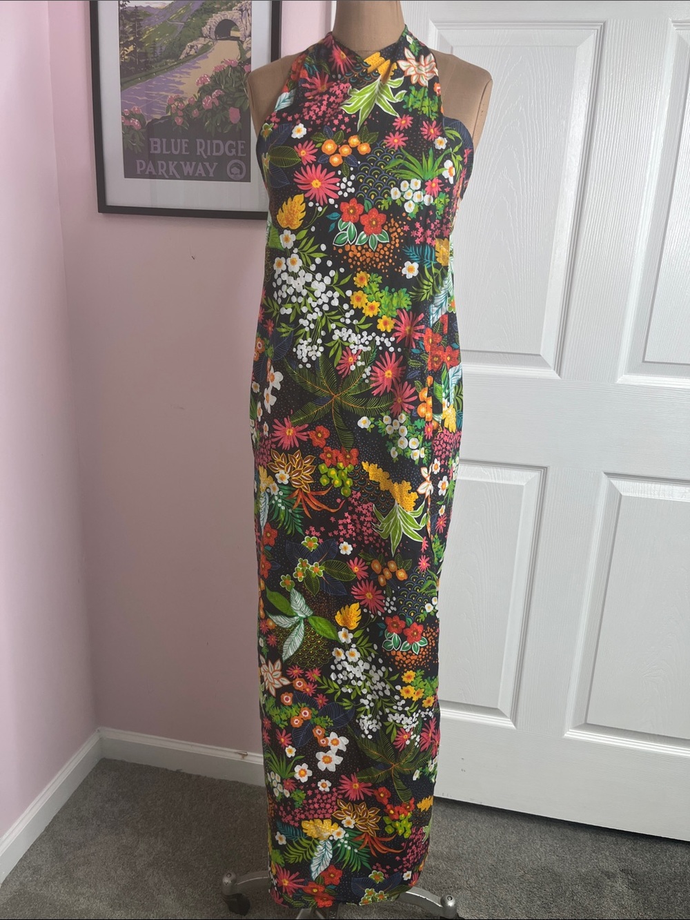 Floral Halter Cover Up Maxi Dress Black Multi